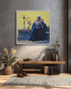 Framed artwork of a man smoking a hookah on a wall in a room with decor elements.