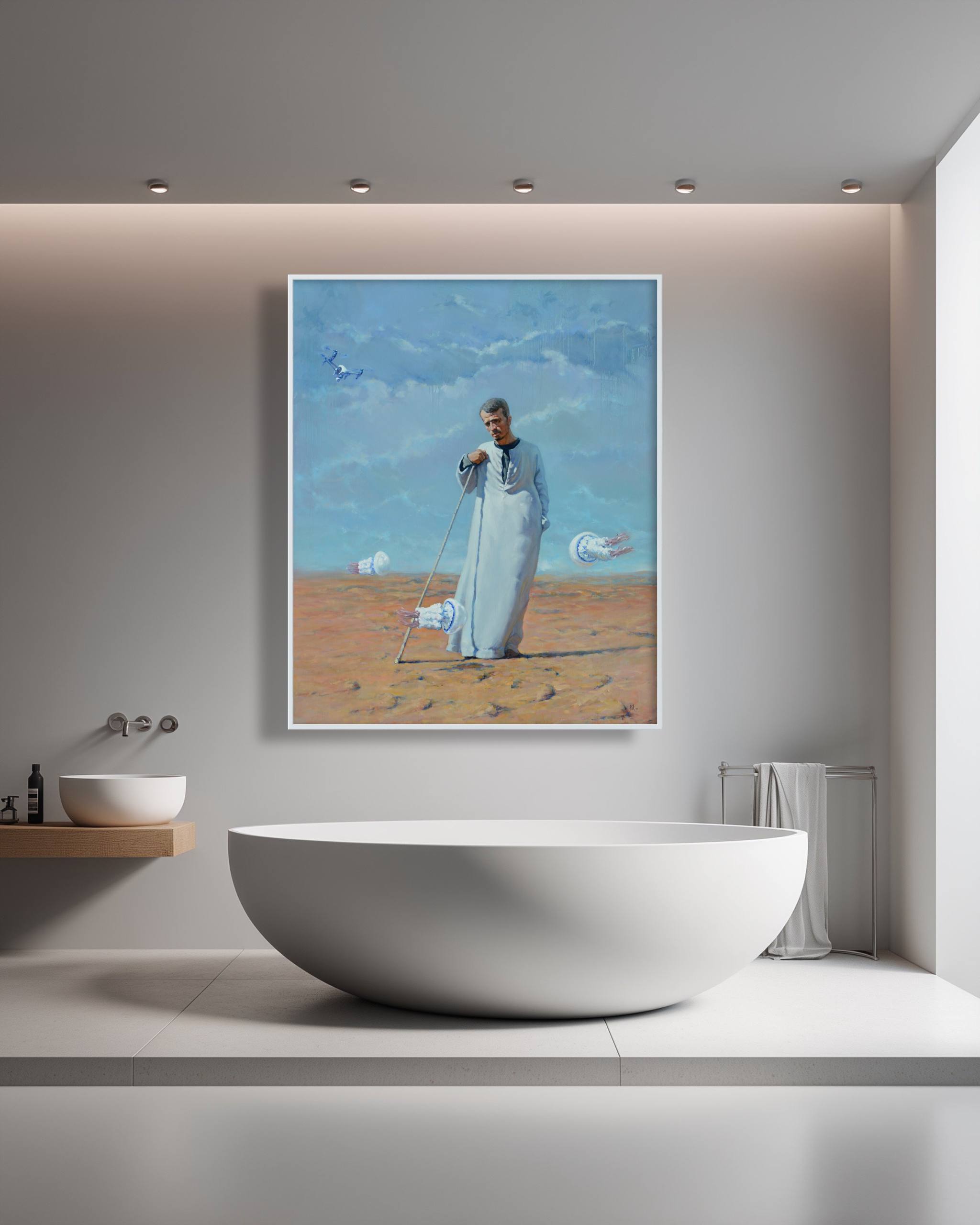 Modern bathroom with a large white freestanding bathtub and a framed painting on the wall.