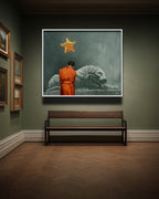 Artistic depiction of a person in orange robes standing next to a lion with a star above, framed on a wall in an art gallery.