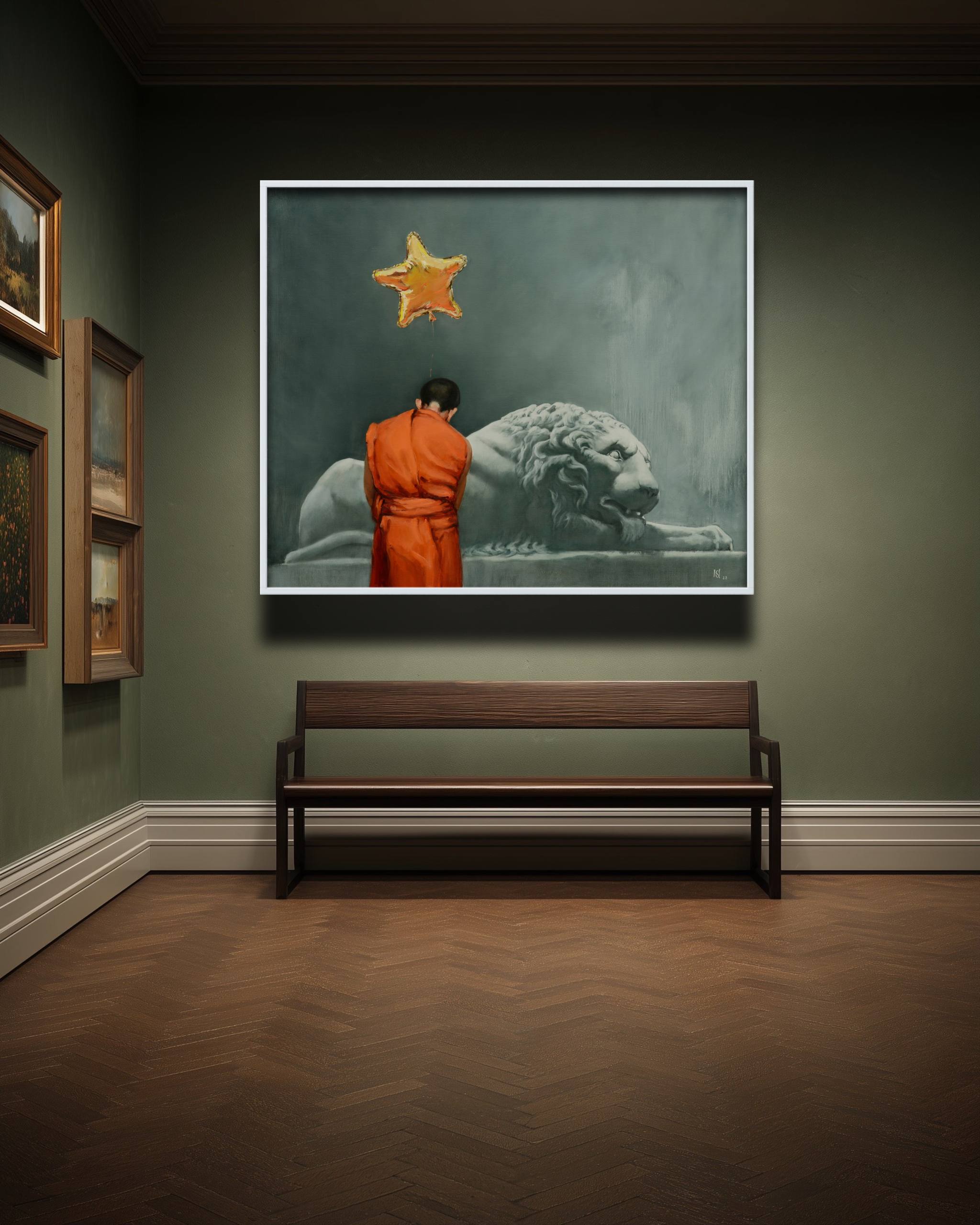 Artistic depiction of a person in orange robes standing next to a lion with a star above, framed on a wall in an art gallery.