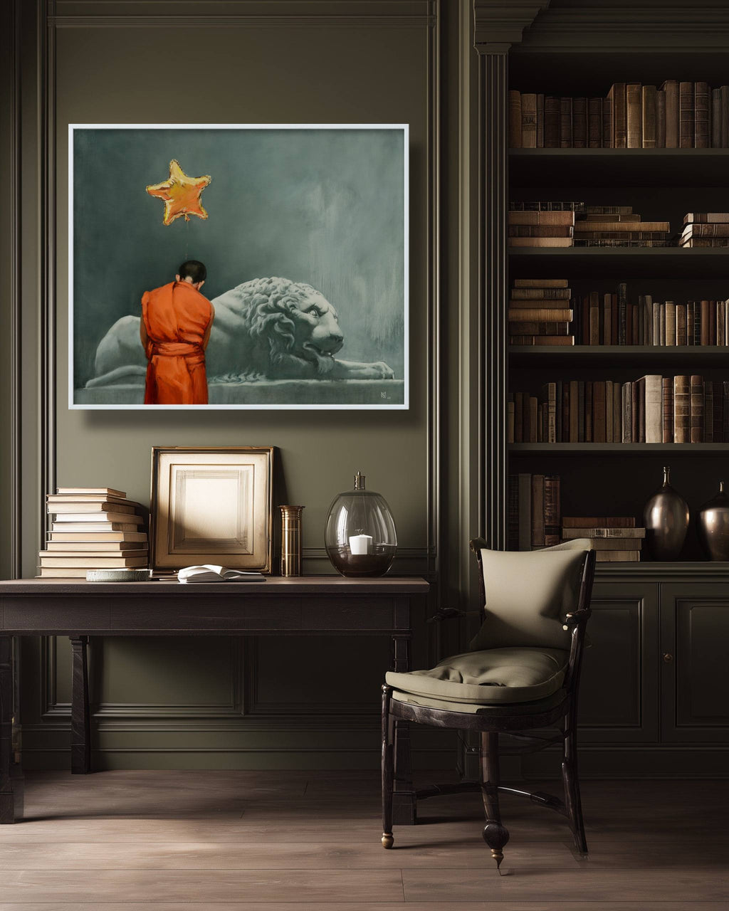 Room interior with a framed artwork, desk, chair, and bookshelf.