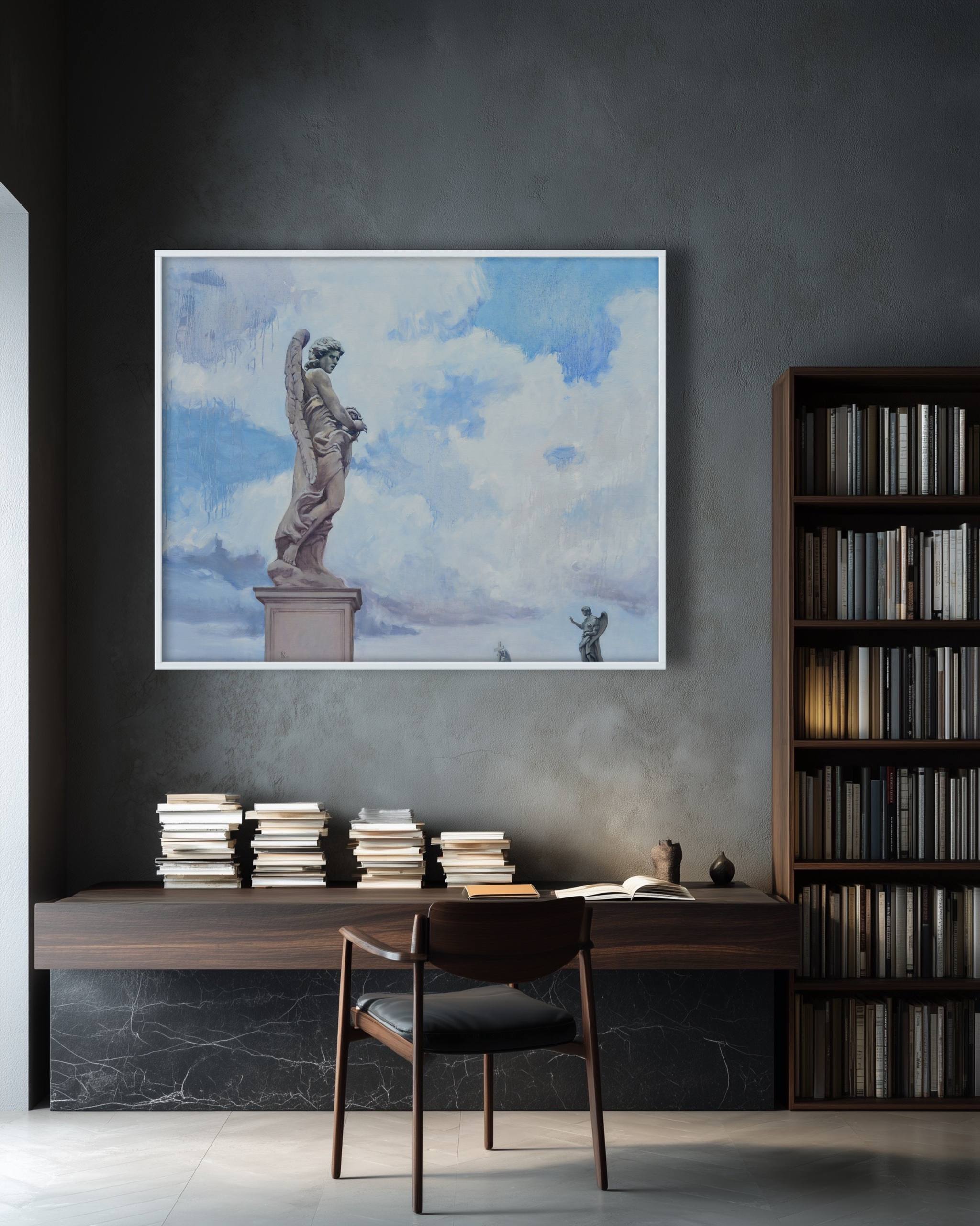 Modern office setup with a desk, chair, and bookshelf against a dark wall with a framed artwork of an angel statue.