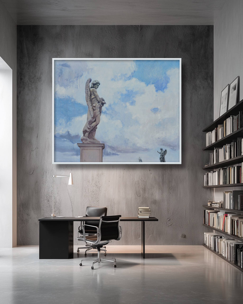 Modern office interior with a large framed artwork of a statue against a cloudy sky.