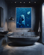 Modern bathroom with a large blue abstract painting on the wall above a freestanding bathtub.