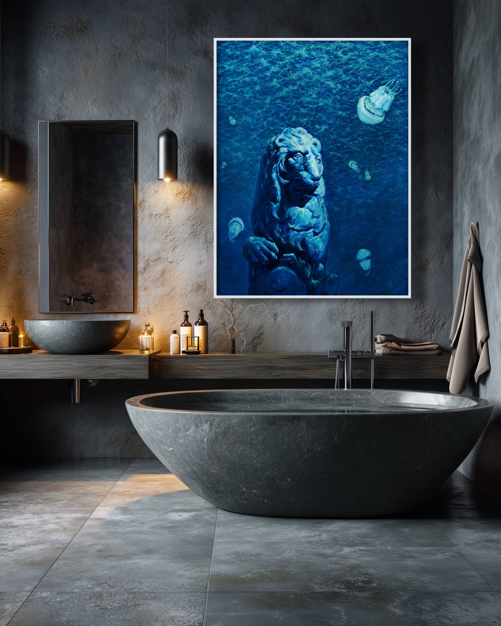 Modern bathroom with a large stone bathtub, mirror, and artwork of a lion.