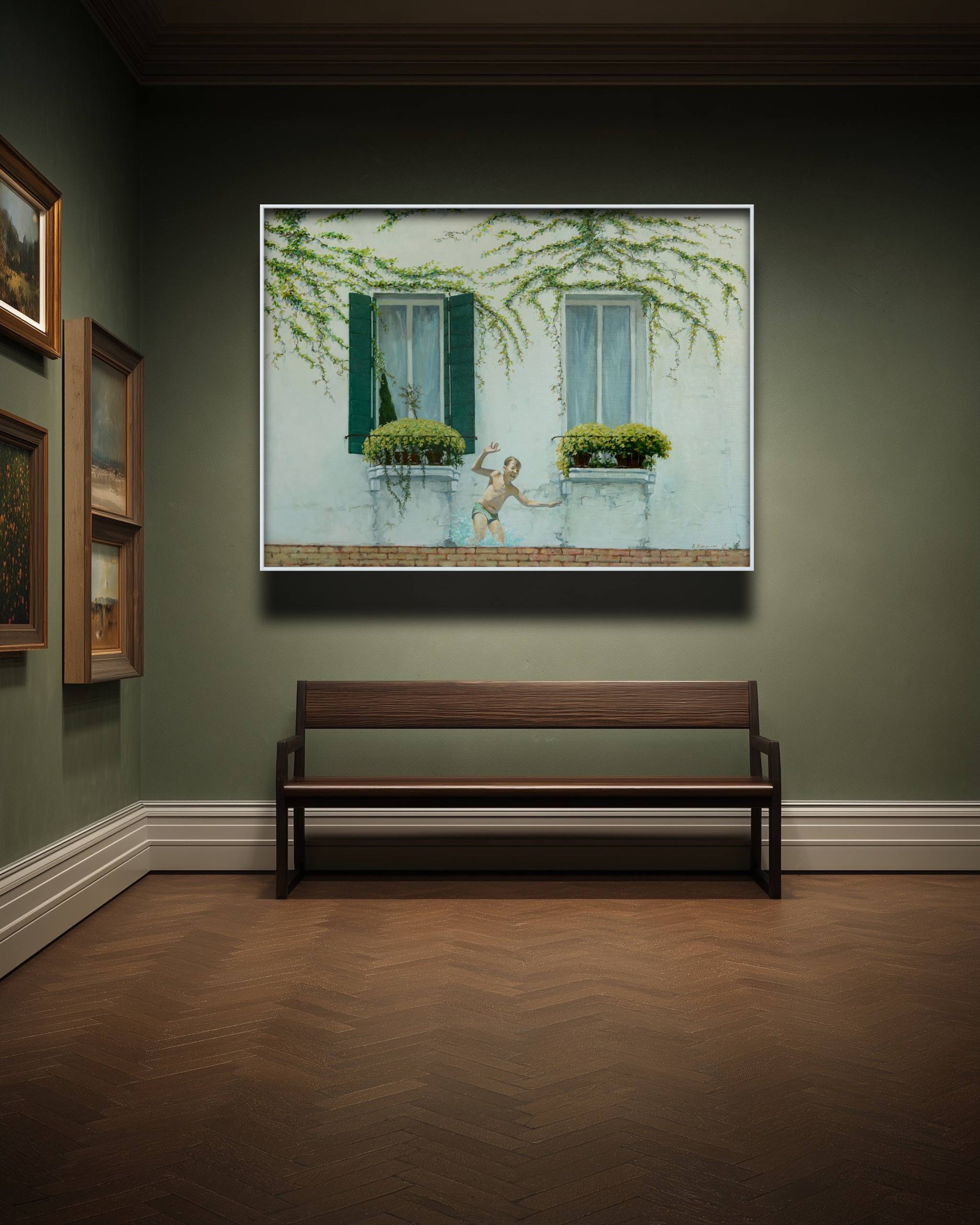 Framed artwork of a window scene with plants on a wall above a wooden bench.