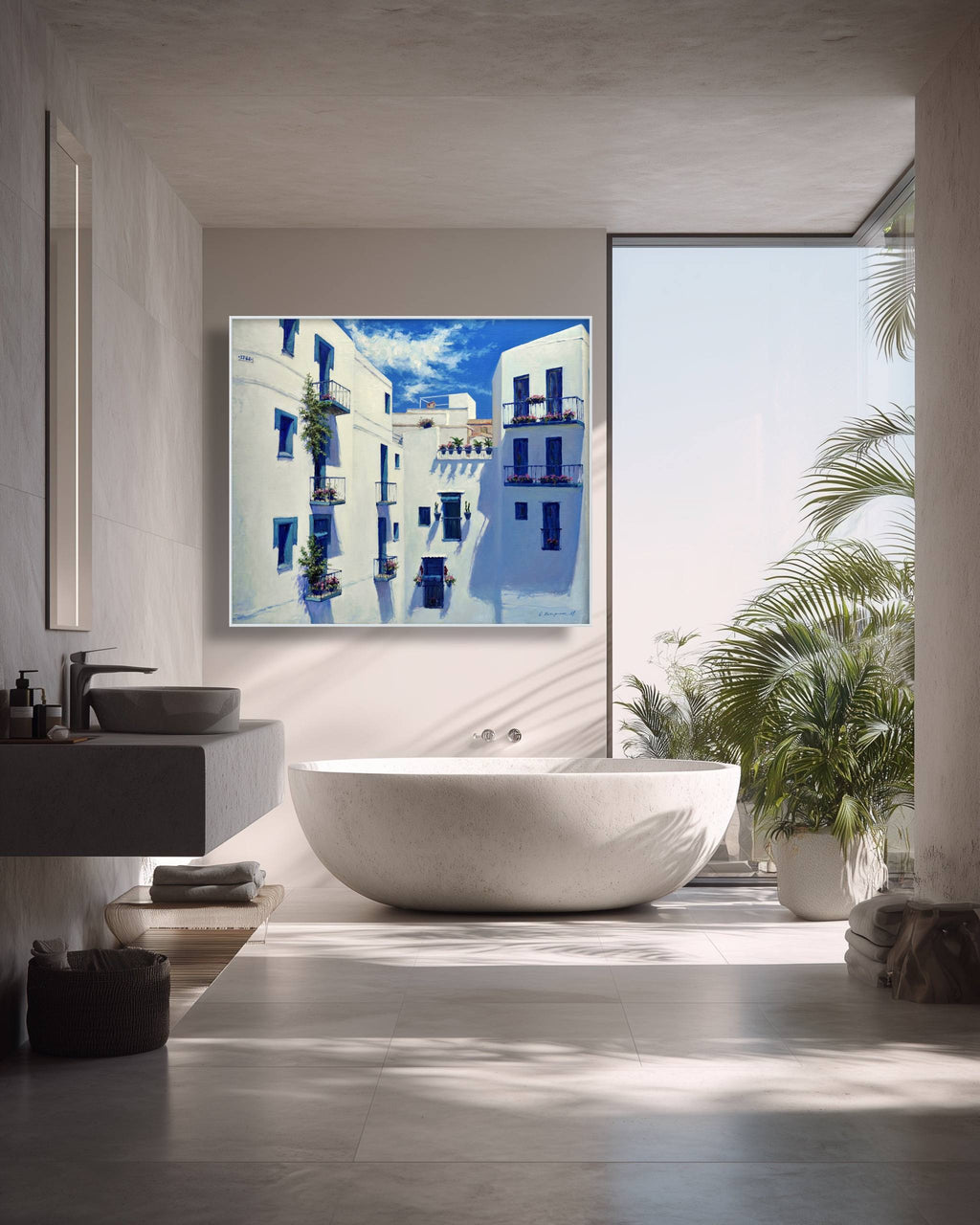Modern bathroom with a large window, white bathtub, and abstract painting on the wall.