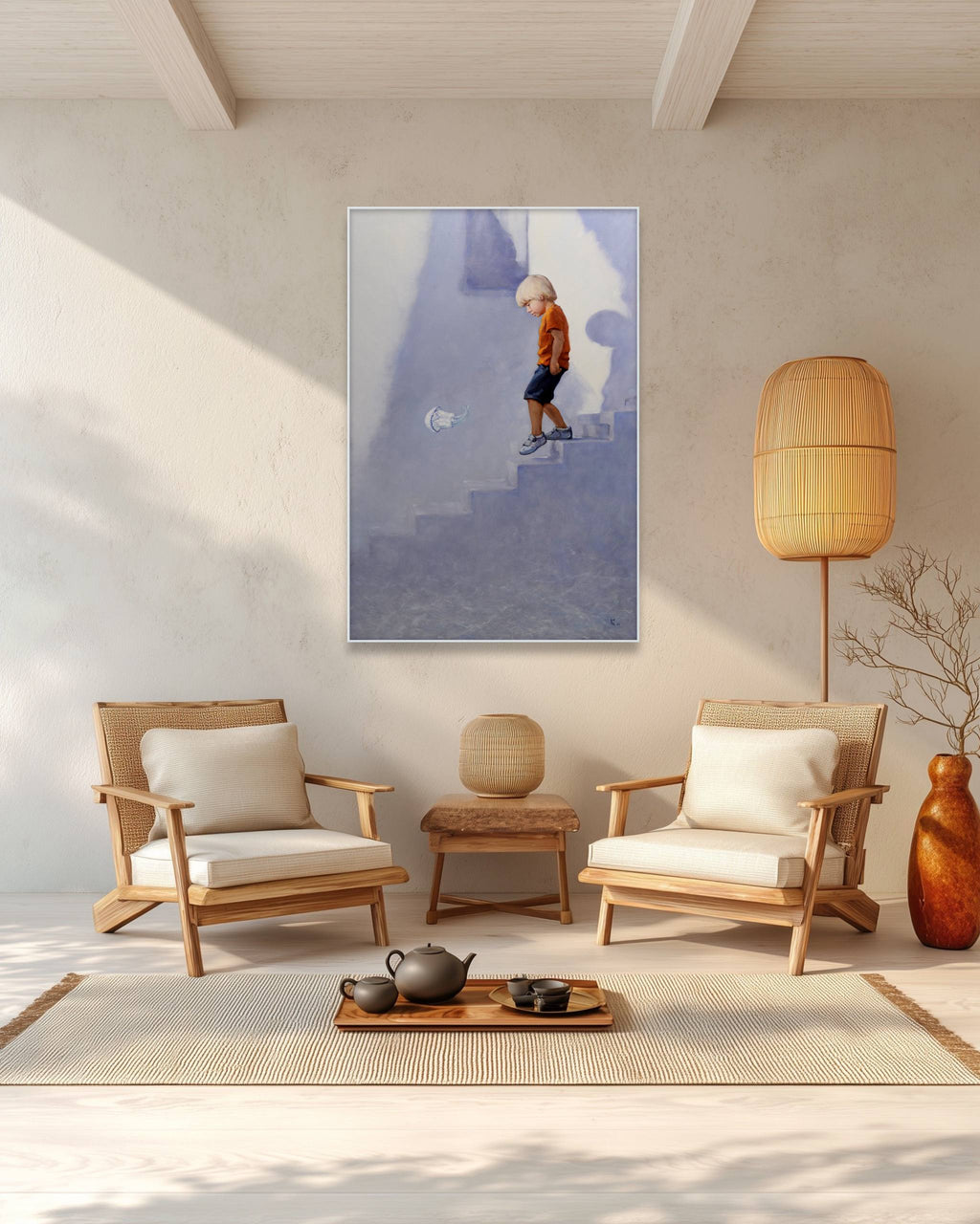 Modern living room with wooden chairs, a lamp, and a painting on the wall.