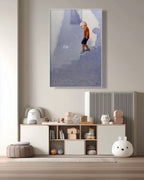 Framed artwork of a child on a staircase in a room with toys and books.