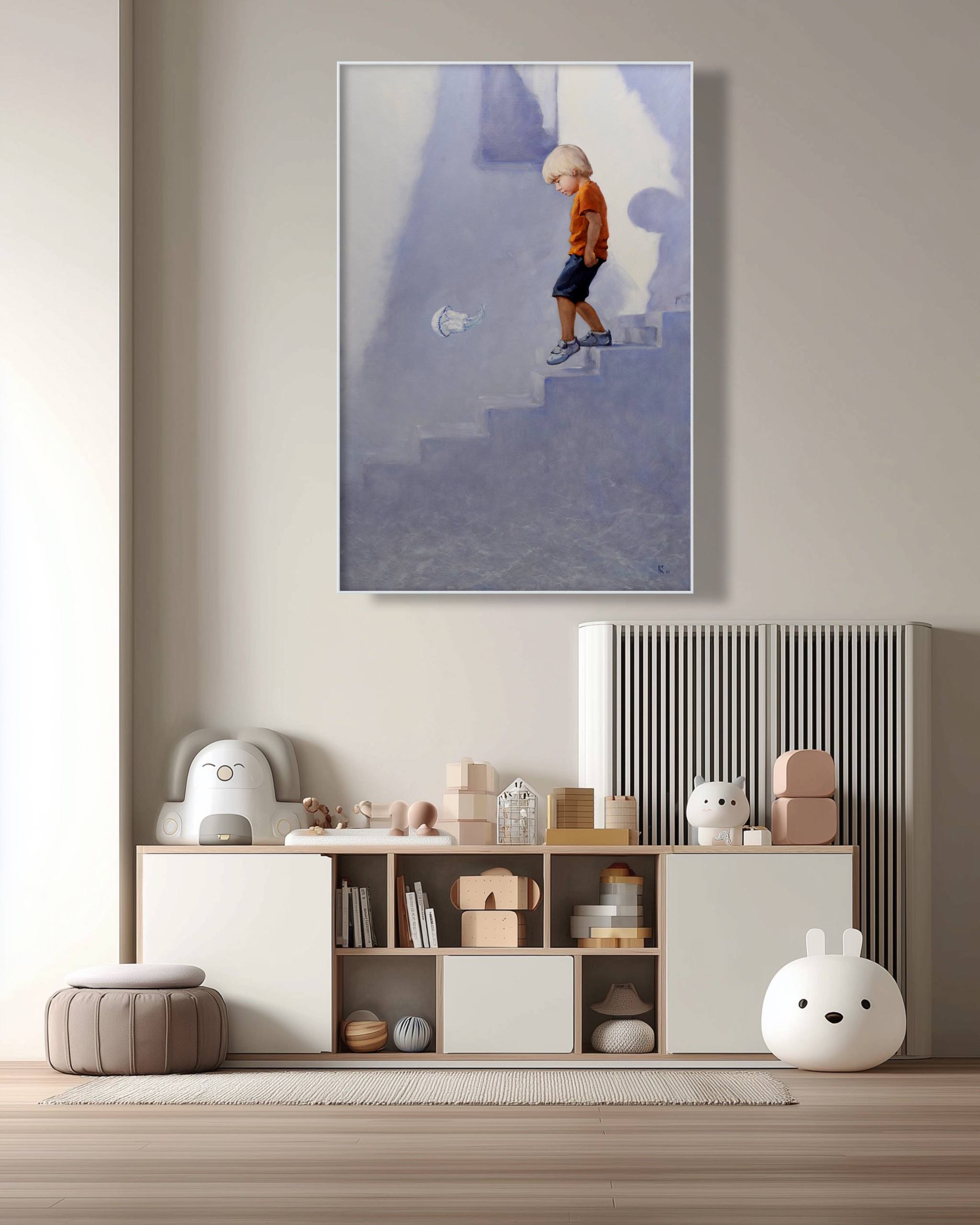 Framed artwork of a child on a staircase in a room with toys and books.