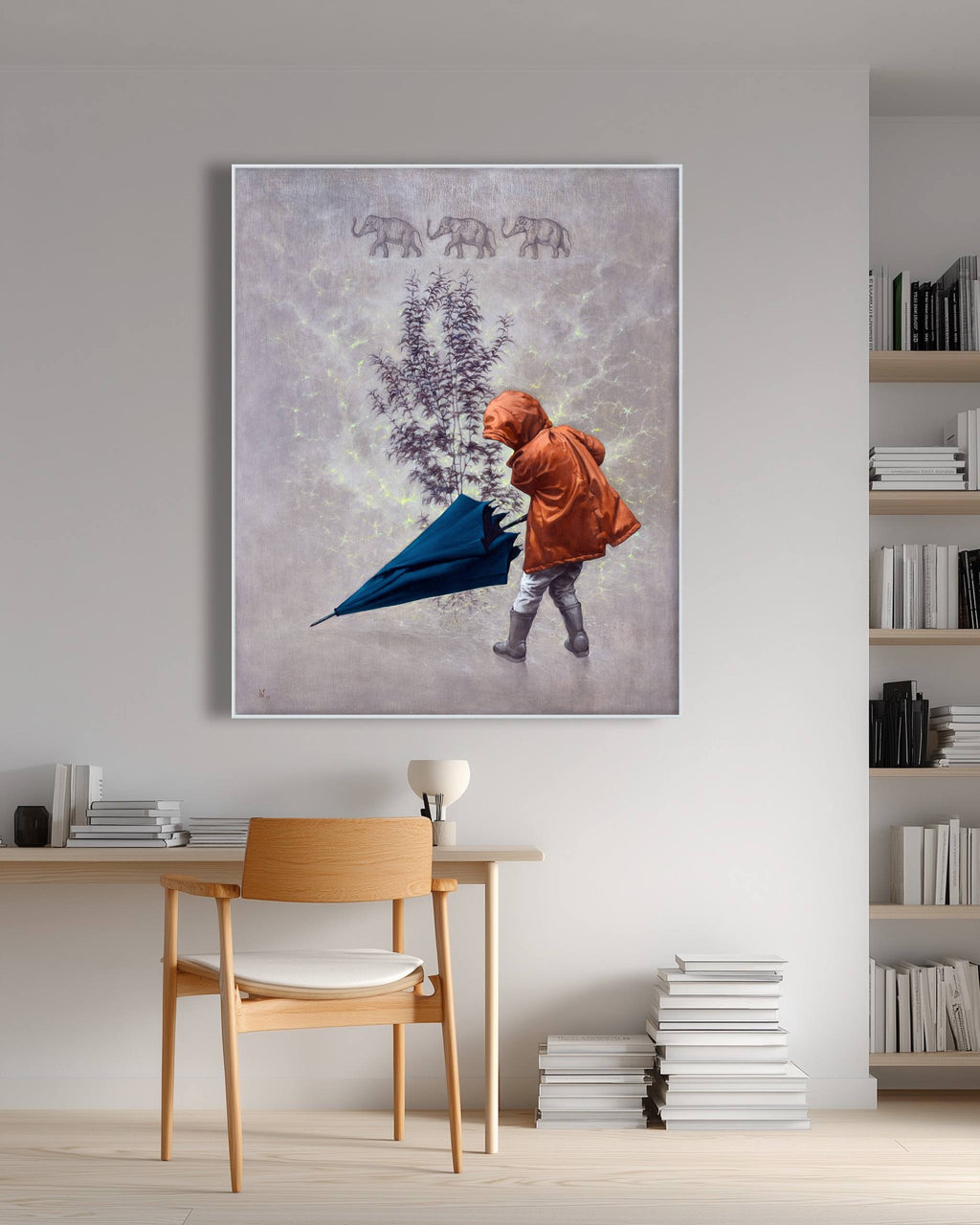 Framed artwork of a child with an umbrella in a room with a chair and books.