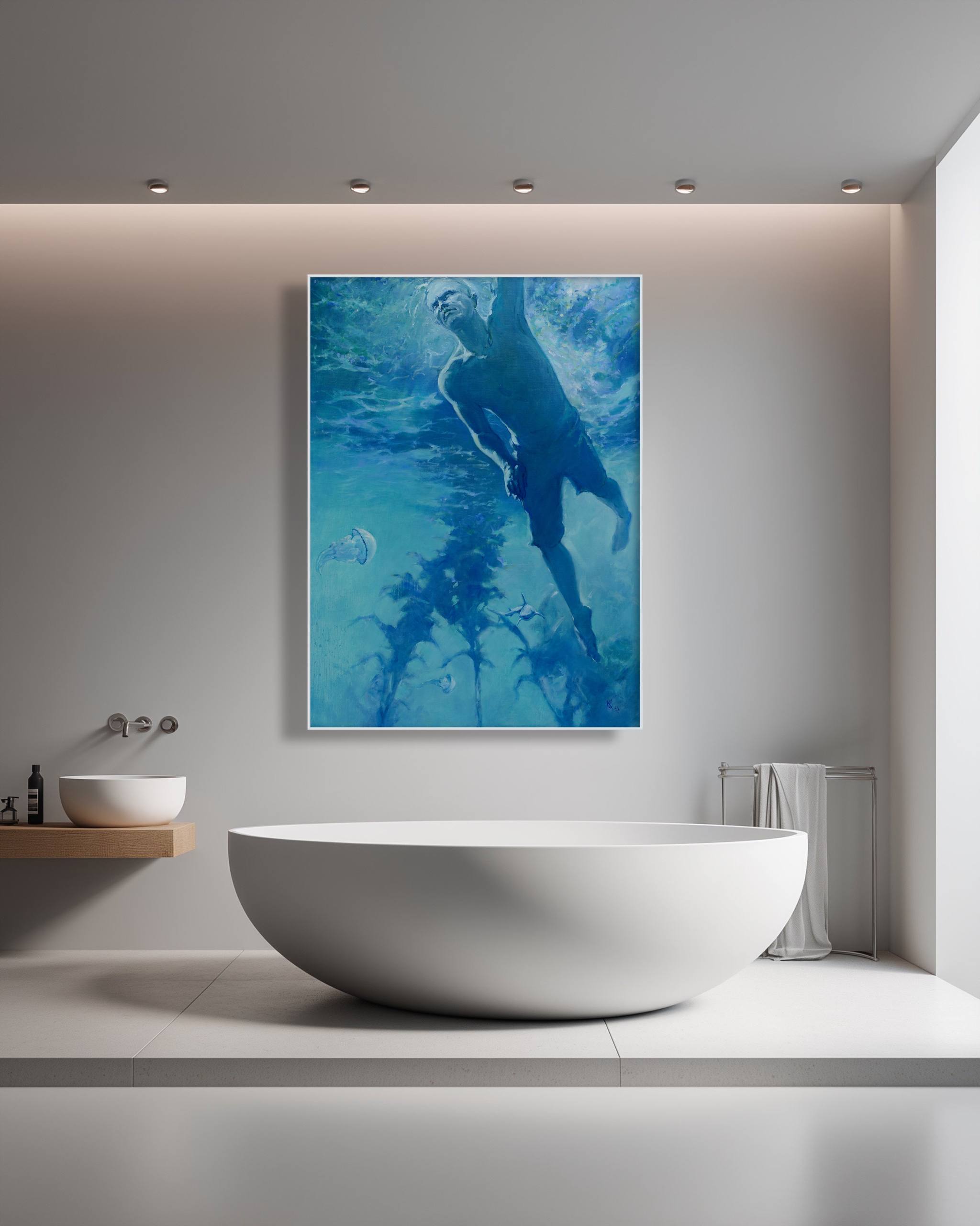 Modern bathroom with a white freestanding bathtub and an underwater-themed painting on the wall.