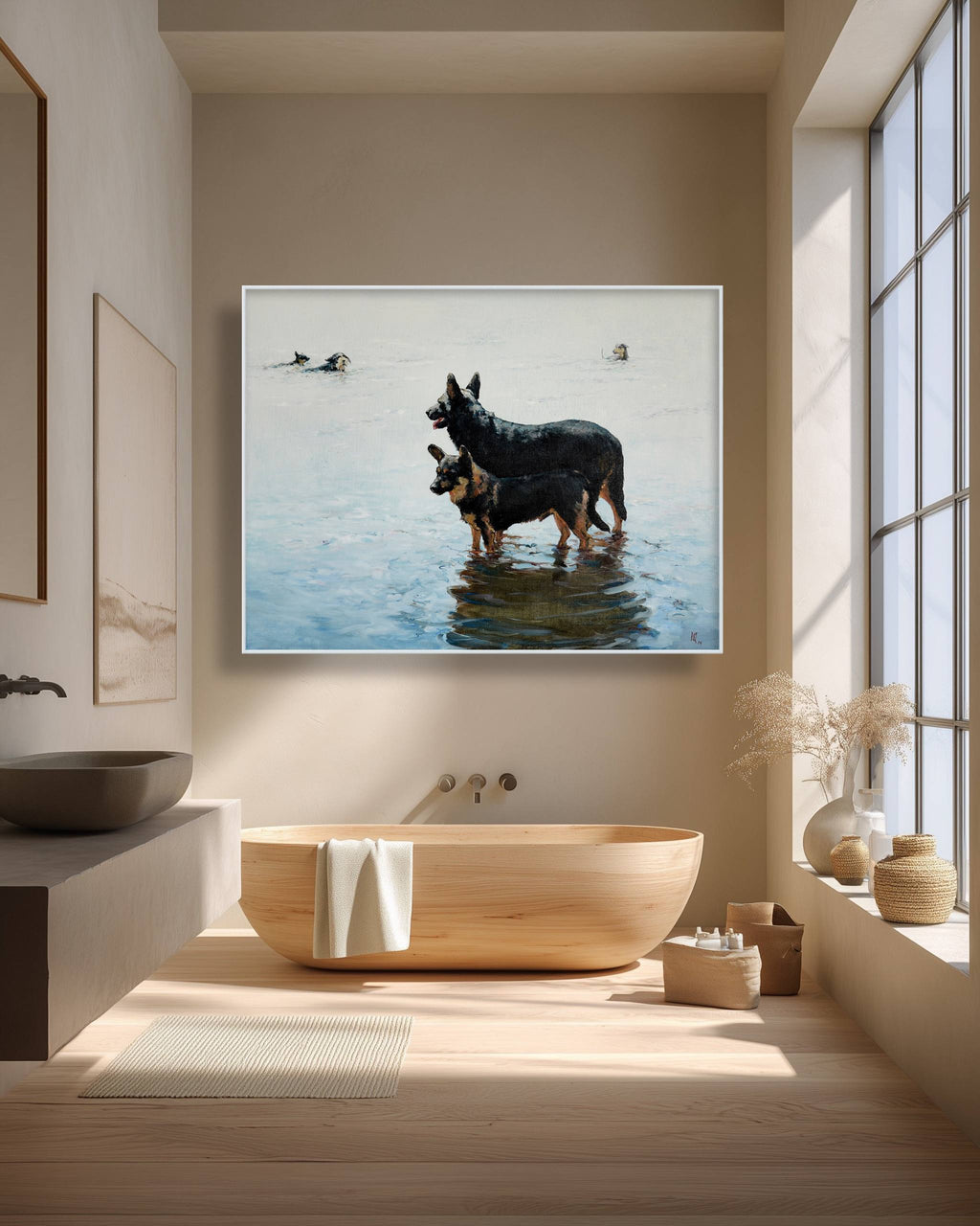 Modern bathroom with wooden bathtub and framed artwork of two dogs in water.