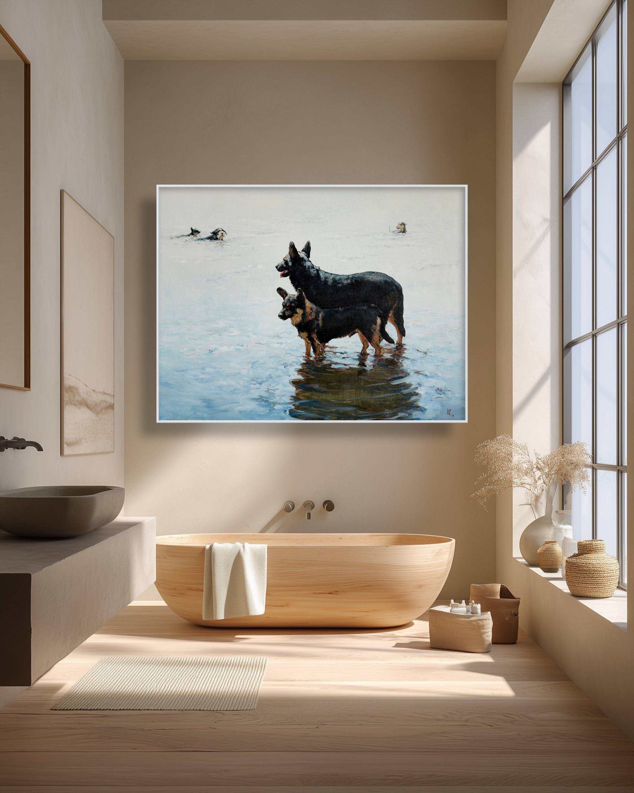 Modern bathroom with wooden bathtub and framed artwork of two dogs in water.