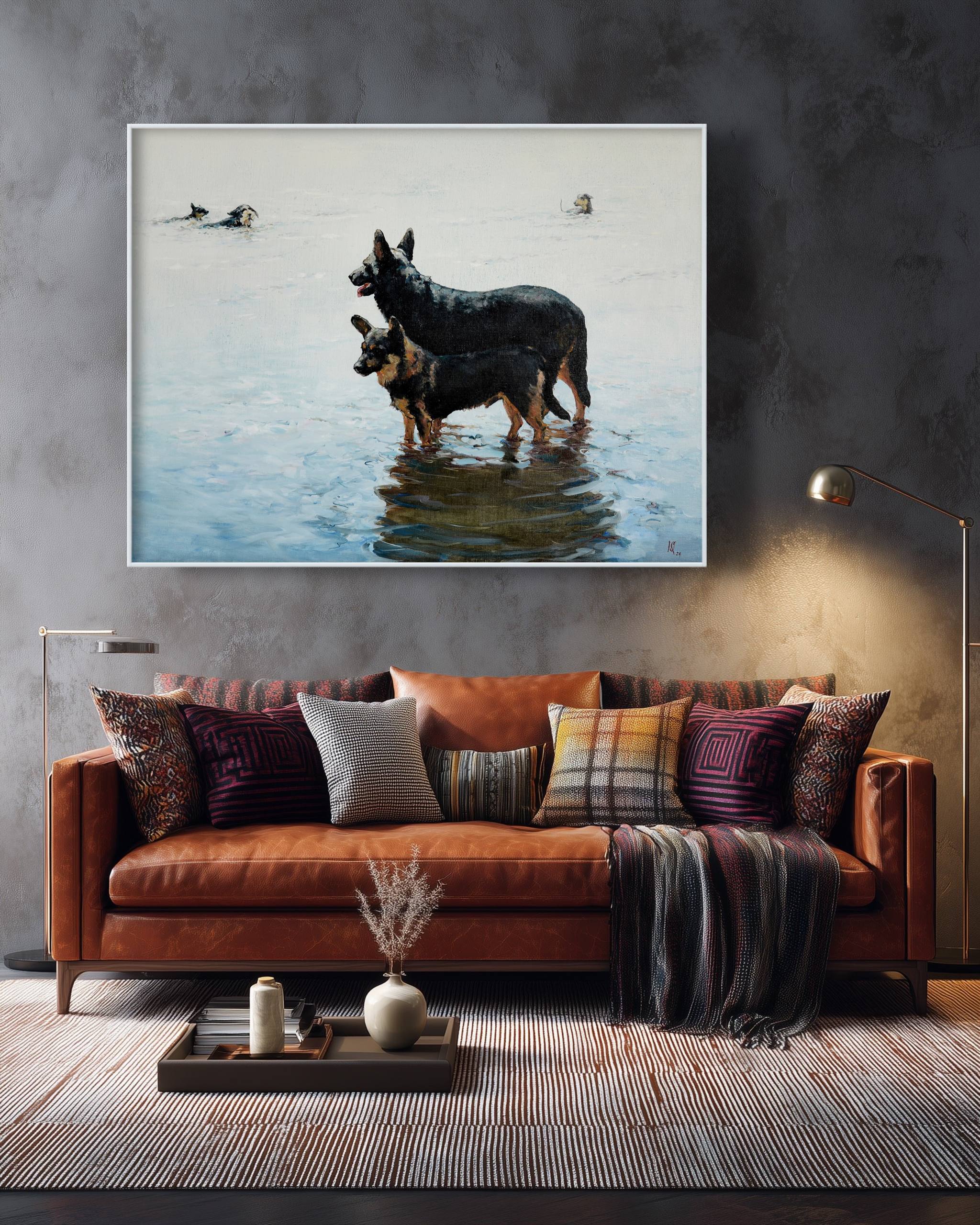 Framed artwork of two dogs in water above a brown sofa with decorative pillows.
