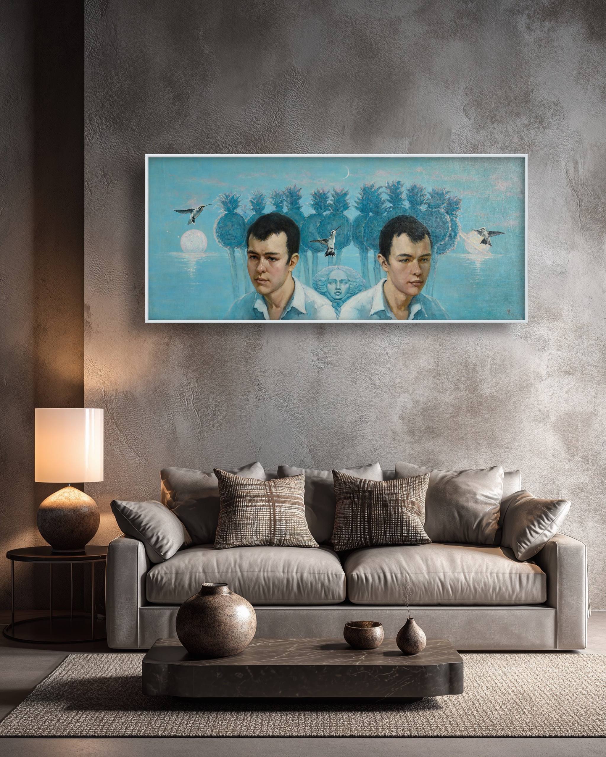 Living room with a gray sofa, decorative pillows, and a wall art piece featuring two men.