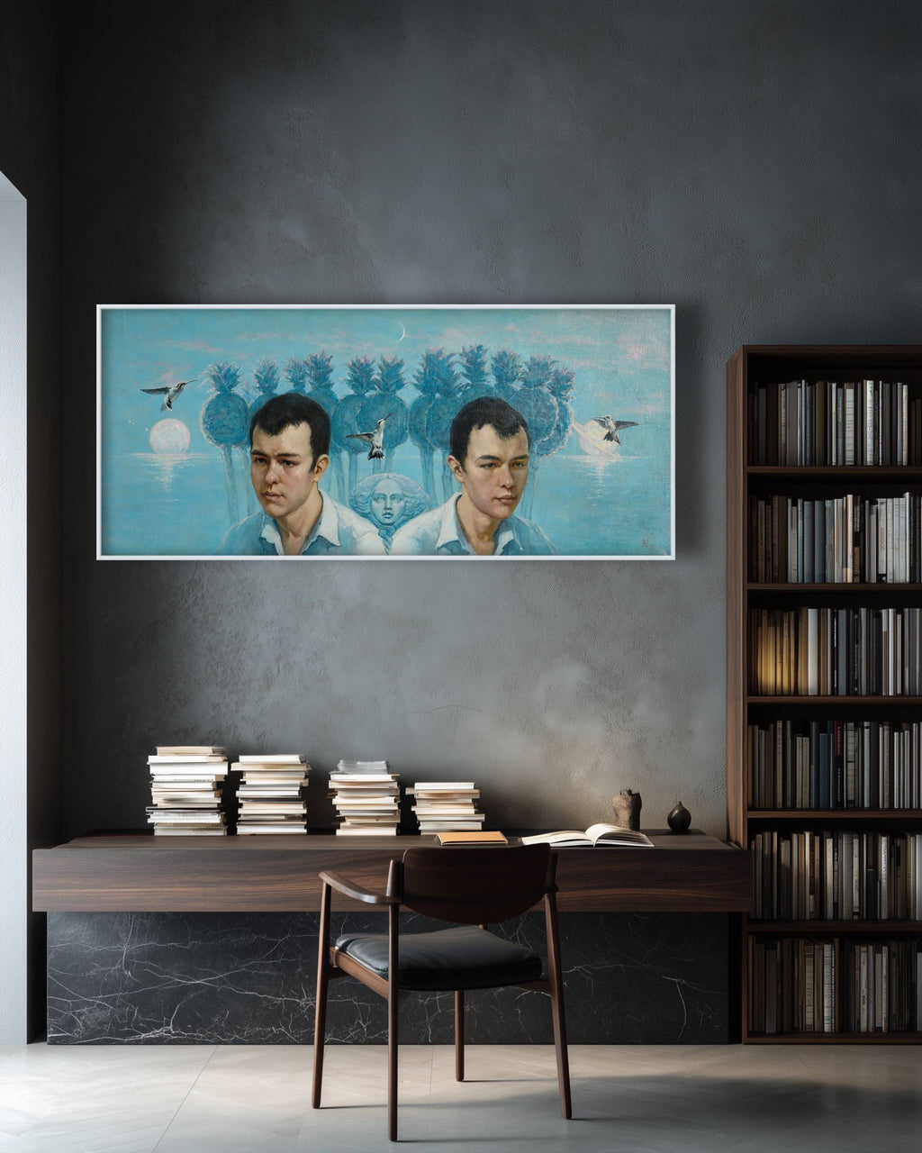 Room interior with a large framed artwork on the wall, desk, and bookshelf.