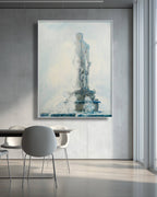 Framed artwork of a statue in a modern interior setting