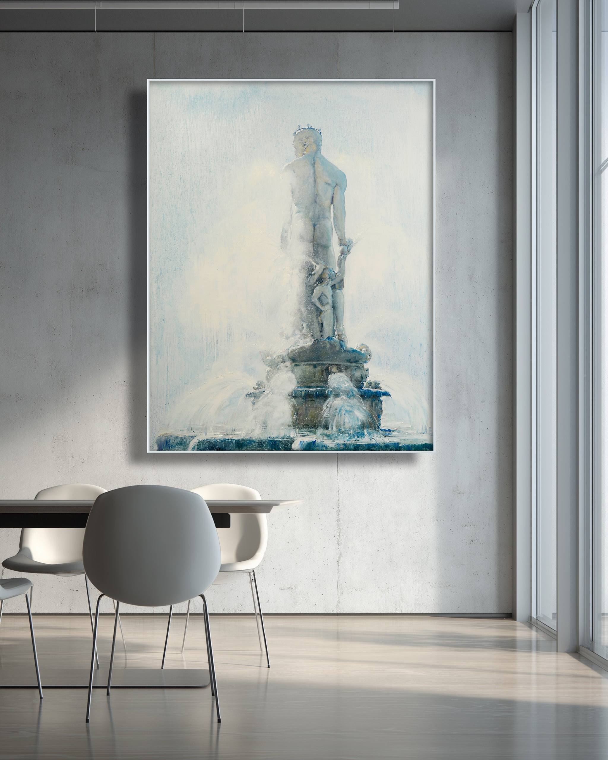Framed artwork of a statue in a modern interior setting