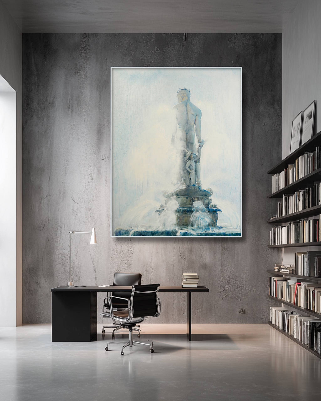 Modern office interior with a large framed painting of a statue on the wall.