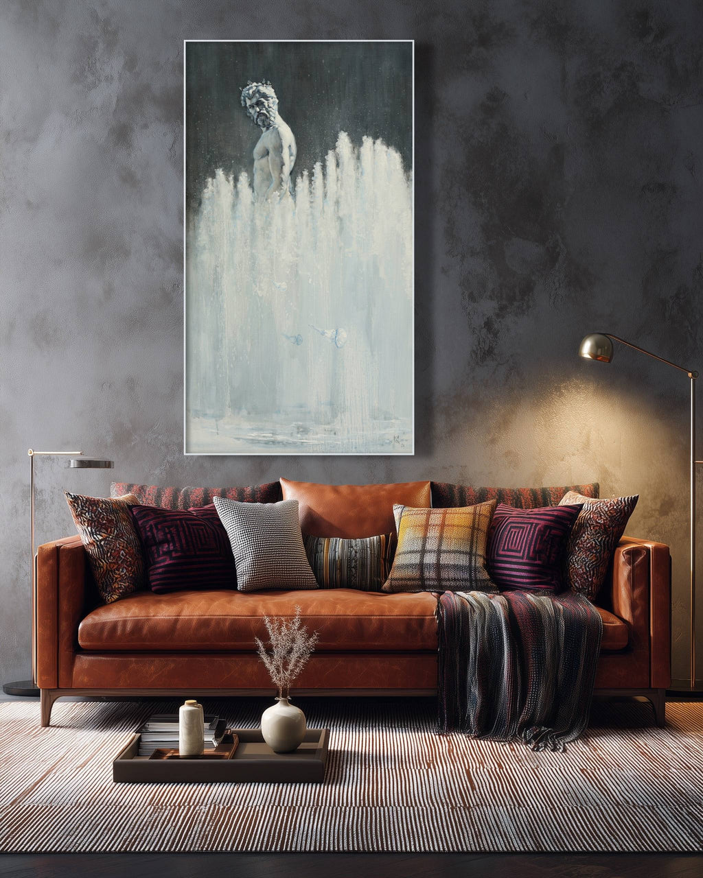 Living room with a brown sofa, colorful pillows, and a large abstract painting on the wall.