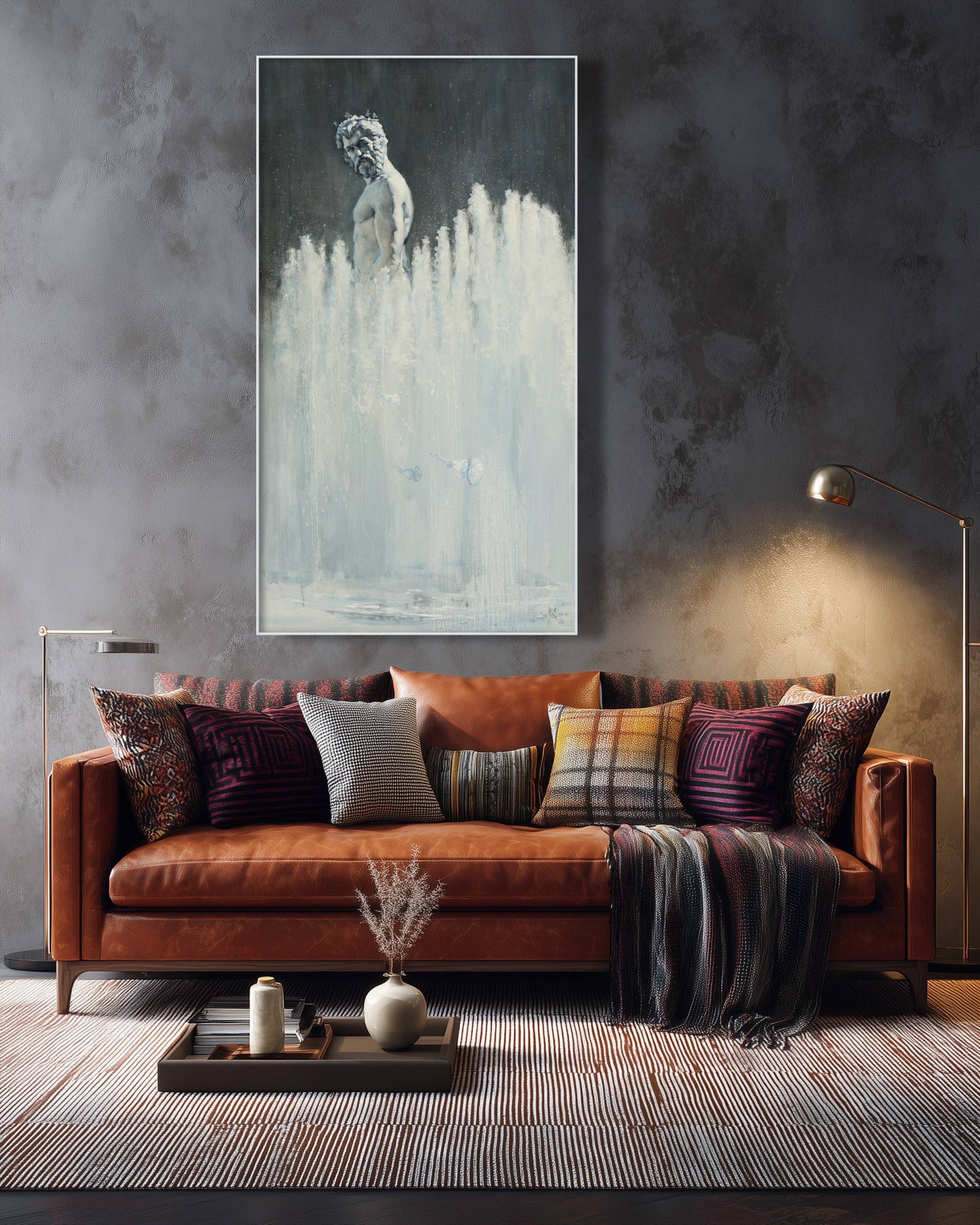 Living room with a brown sofa, colorful pillows, and a large abstract painting on the wall.
