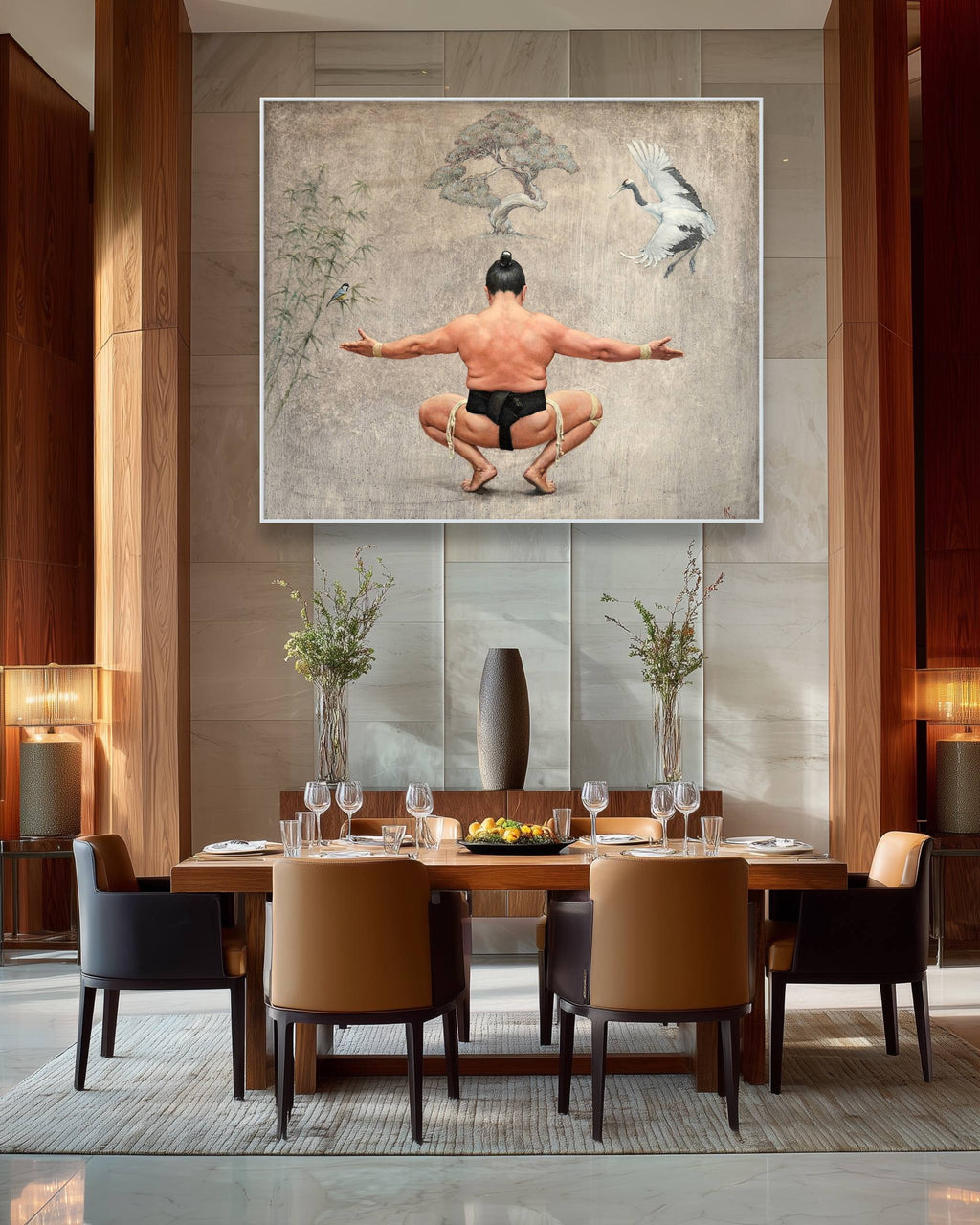 Dining room with a large wall art piece featuring a man in a yoga pose.
