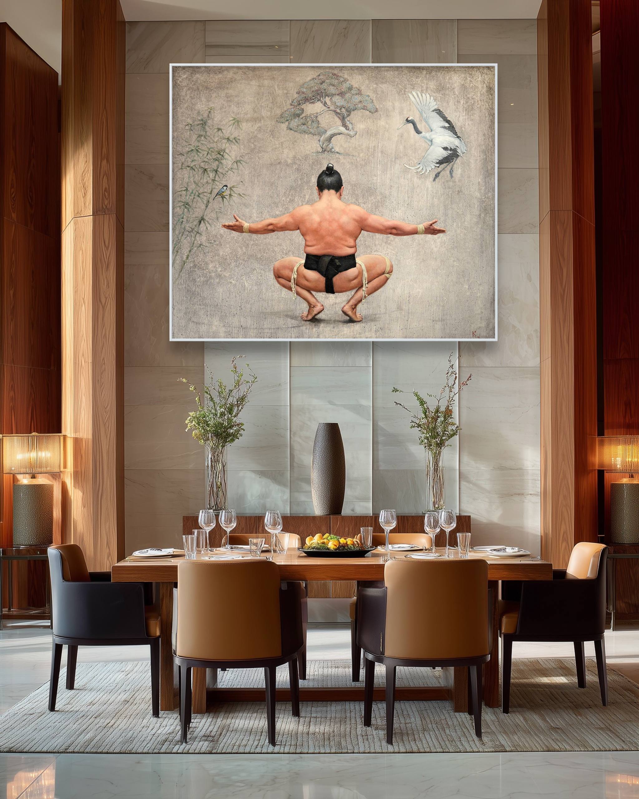 Dining room with a large wall art piece featuring a man in a yoga pose.