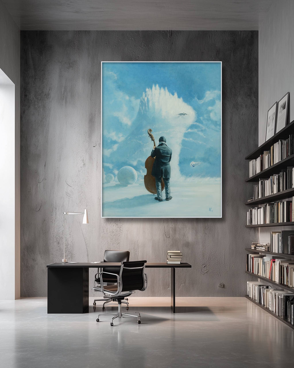 Modern office interior with a large painting of a person with a guitar and a dragon on the wall.