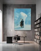 Modern office interior with a large painting of a person with a guitar and a dragon on the wall.