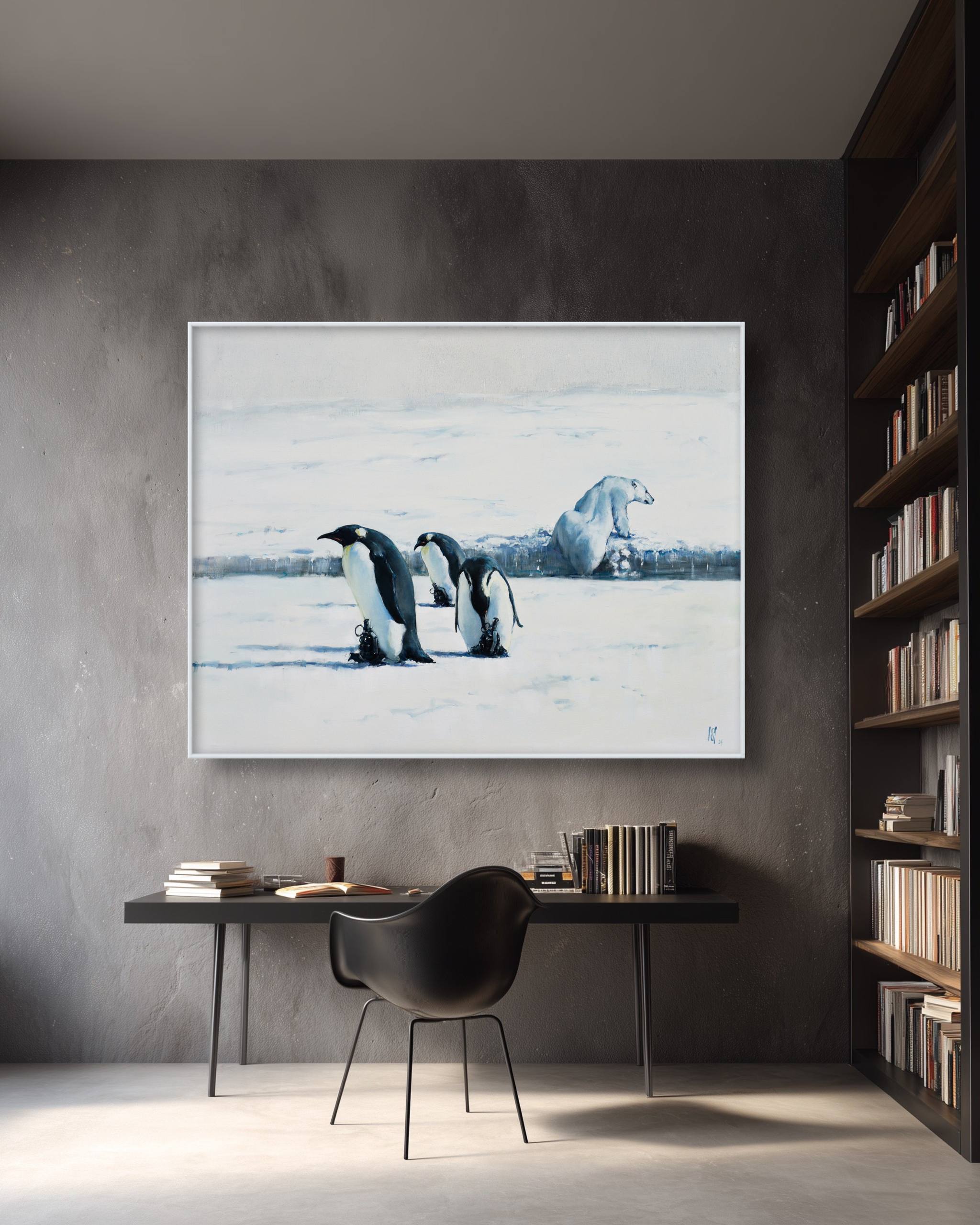 Modern interior with a desk, chair, and large framed artwork of penguins on a gray wall.