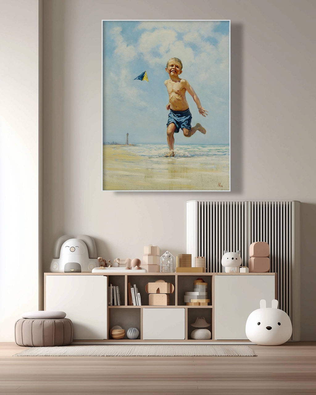 Painting of a child running on a beach above a shelf with toys and decor.