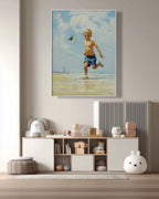 Painting of a child running on a beach above a shelf with toys and decor.