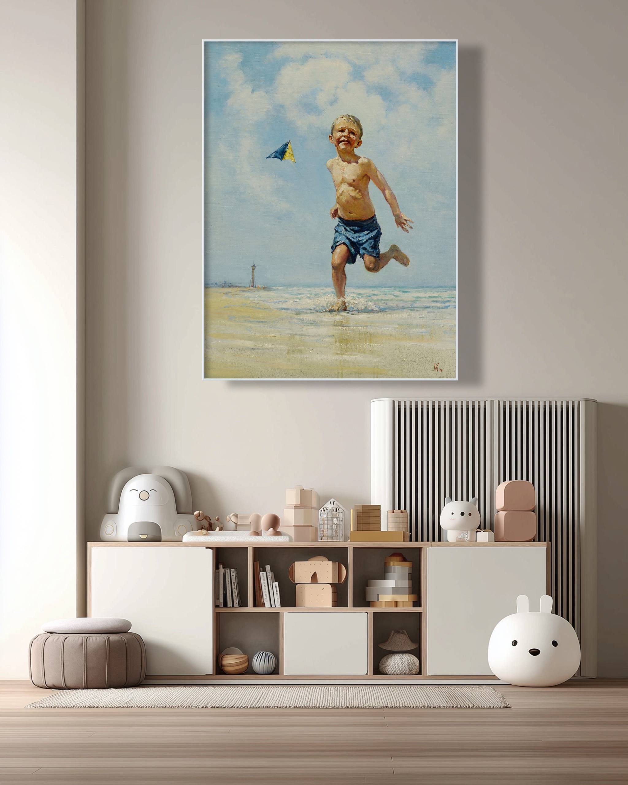 Painting of a child running on a beach above a shelf with toys and decor.