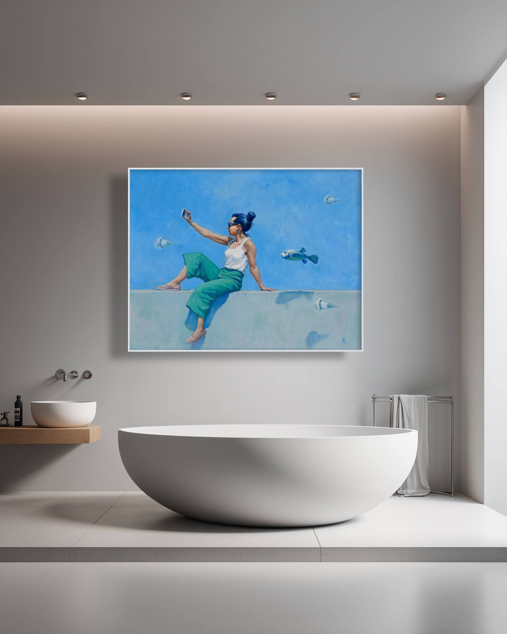Bathroom with a large TV screen displaying an artwork of a woman in a blue dress against a blue sky.