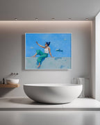 Bathroom with a large TV screen displaying an artwork of a woman in a blue dress against a blue sky.