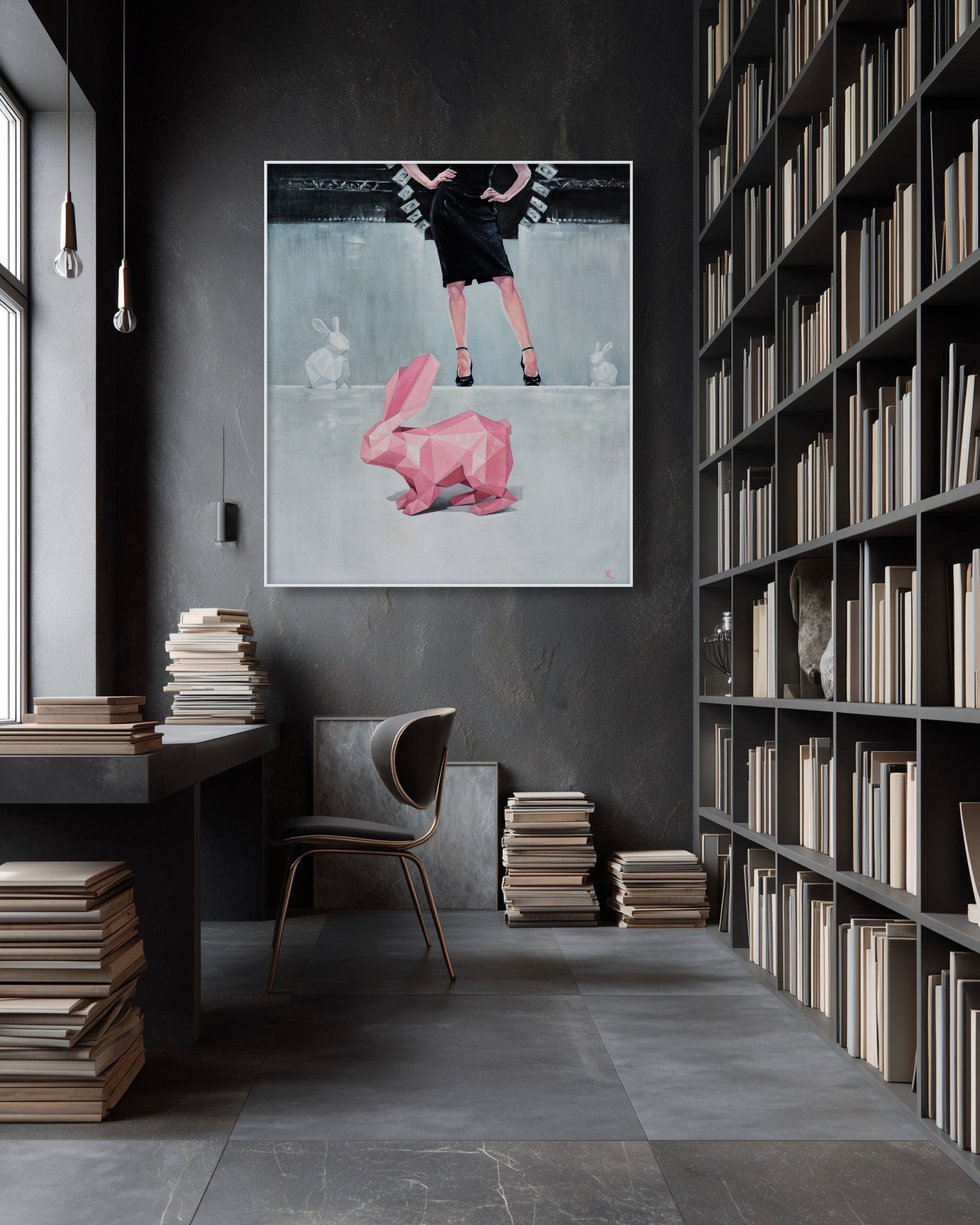 Modern interior with a bookshelf, desk, and artwork of a person with a pink rabbit on a dark wall.