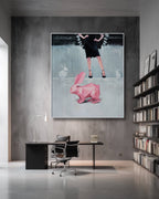 Modern office interior with a large abstract painting on the wall.