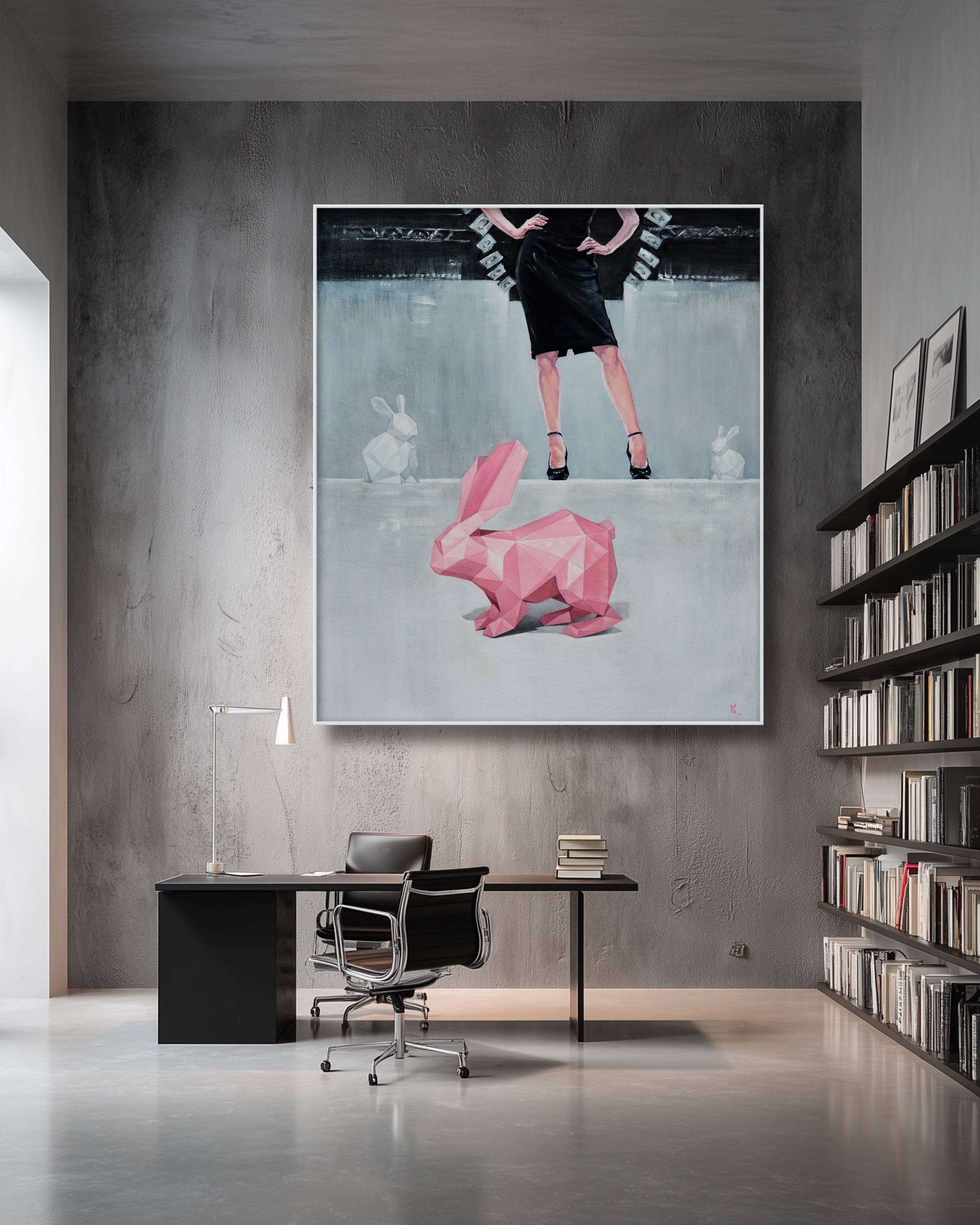 Modern office interior with a large abstract painting on the wall.