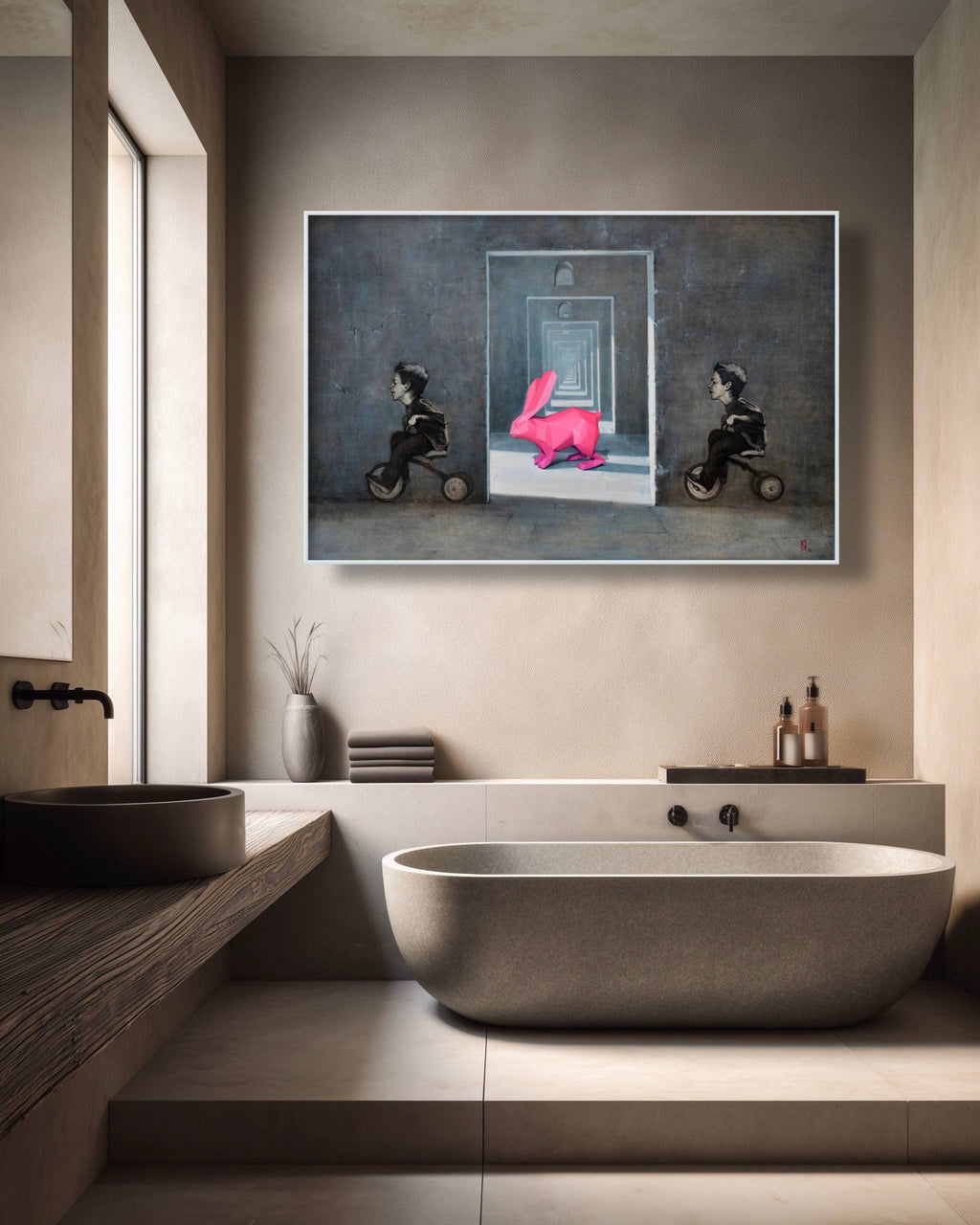 Modern bathroom with a freestanding bathtub, sink, and wall art.
