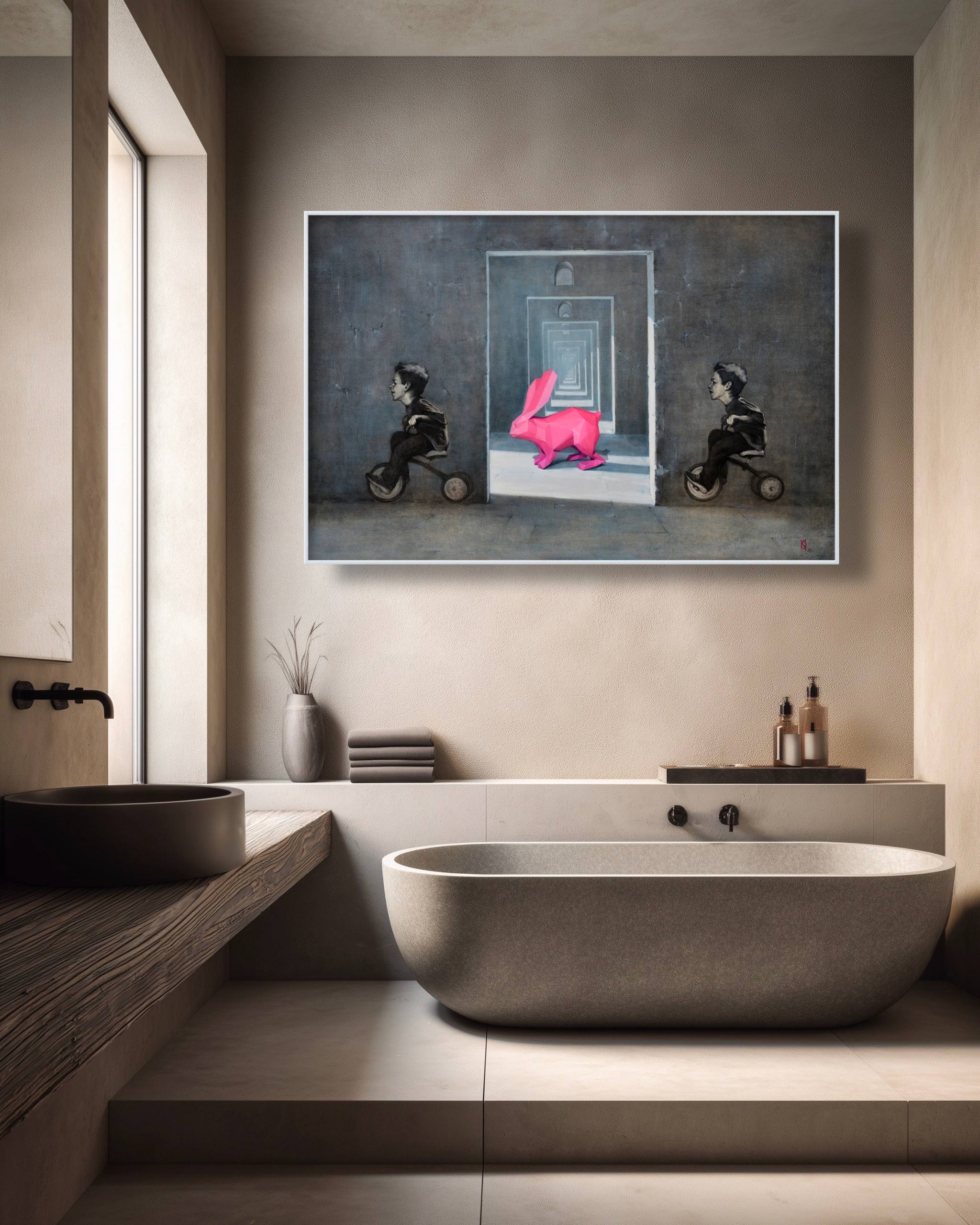 Modern bathroom with a freestanding bathtub, sink, and wall art.