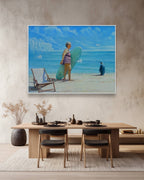 Framed painting of a woman with a surfboard on a beach above a dining table.