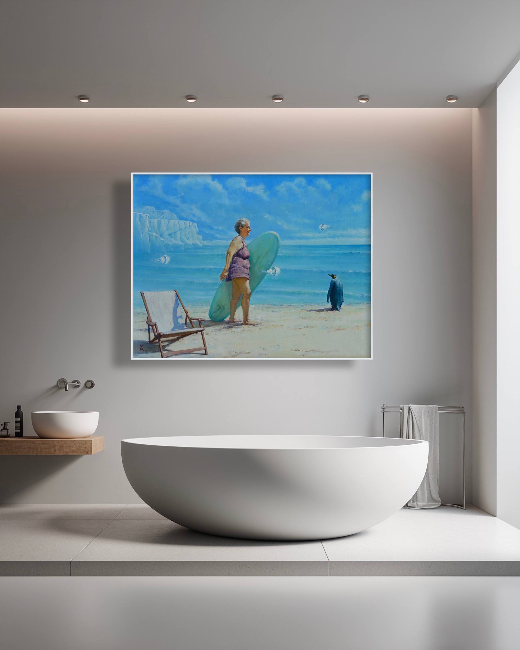 Bathroom with a large painting of a beach scene on the wall above a white bathtub.