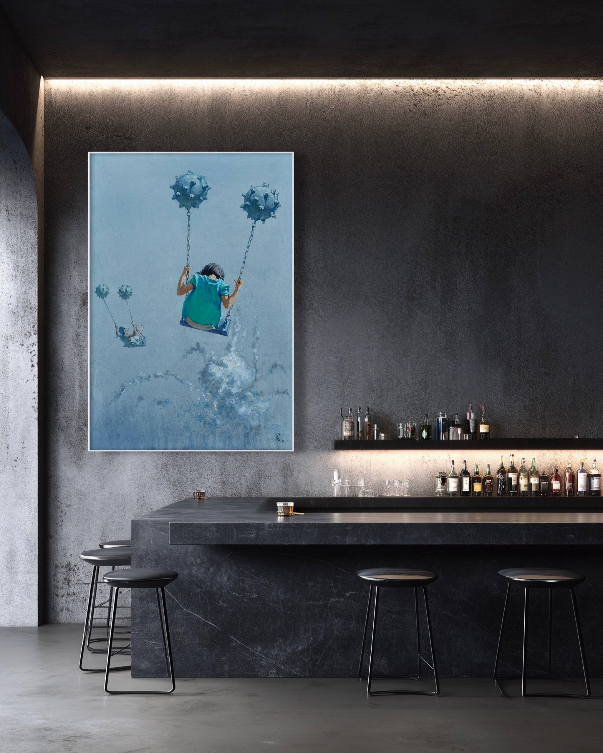 Modern interior with a painting of a child with balloons on a wall above a bar.