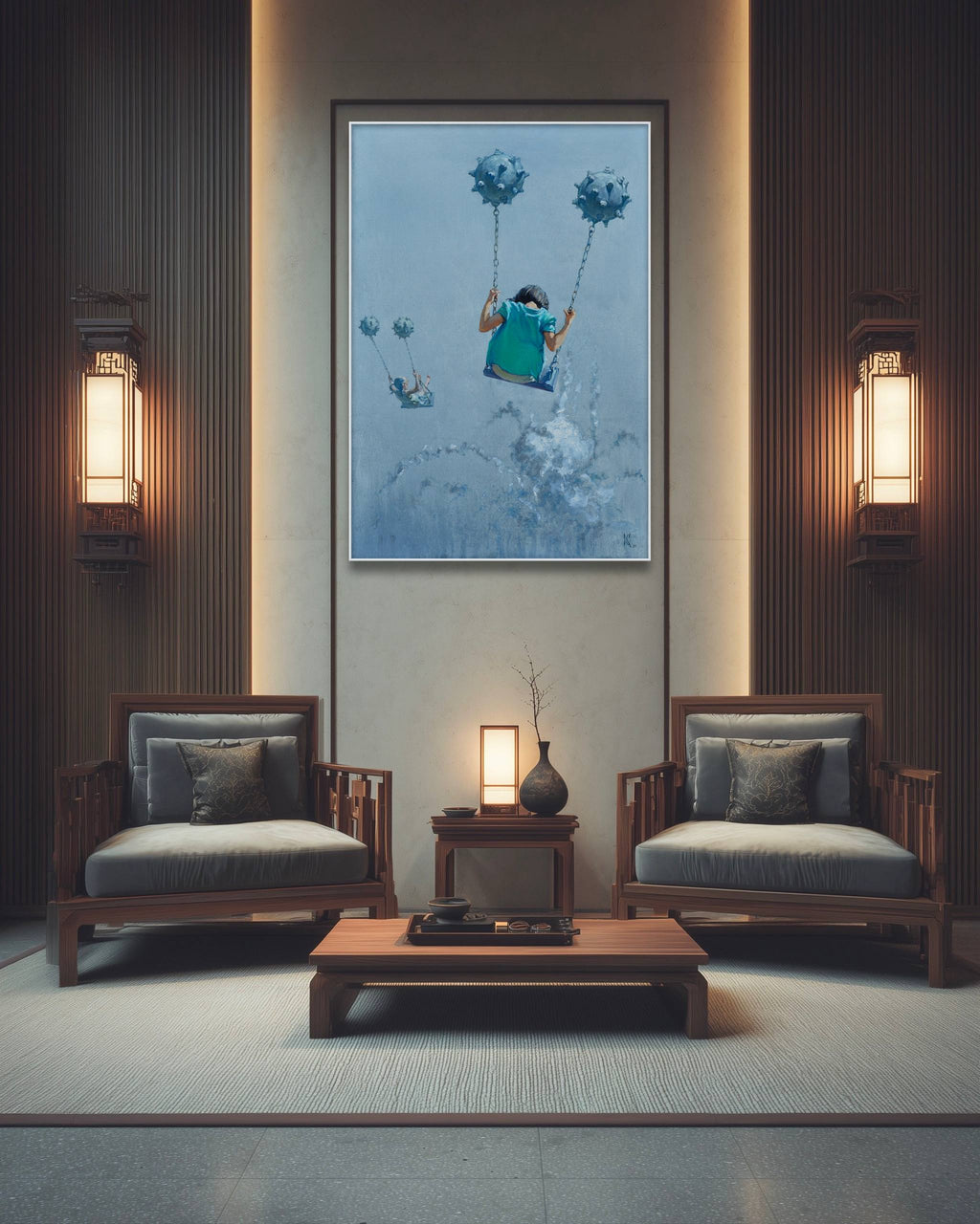 Living room with wooden chairs, coffee table, and wall art of a woman with balloons.