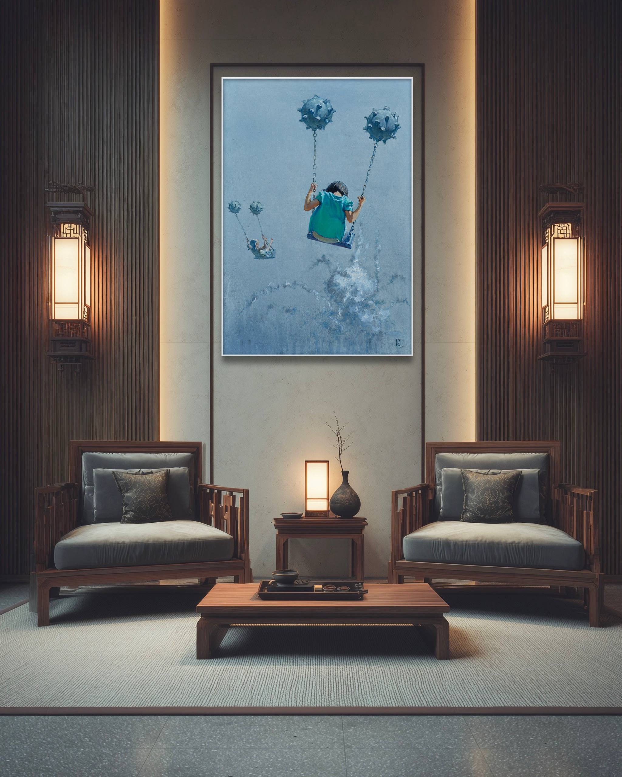 Living room with wooden chairs, coffee table, and wall art of a woman with balloons.