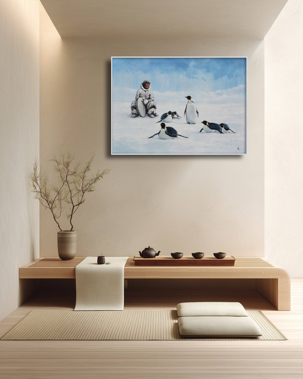 Modern interior with a painting of penguins on the wall