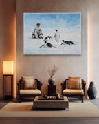 Living room with a painting of penguins on the wall