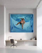 Modern interior with a large abstract painting of a man in a bathtub on a wall above a desk.
