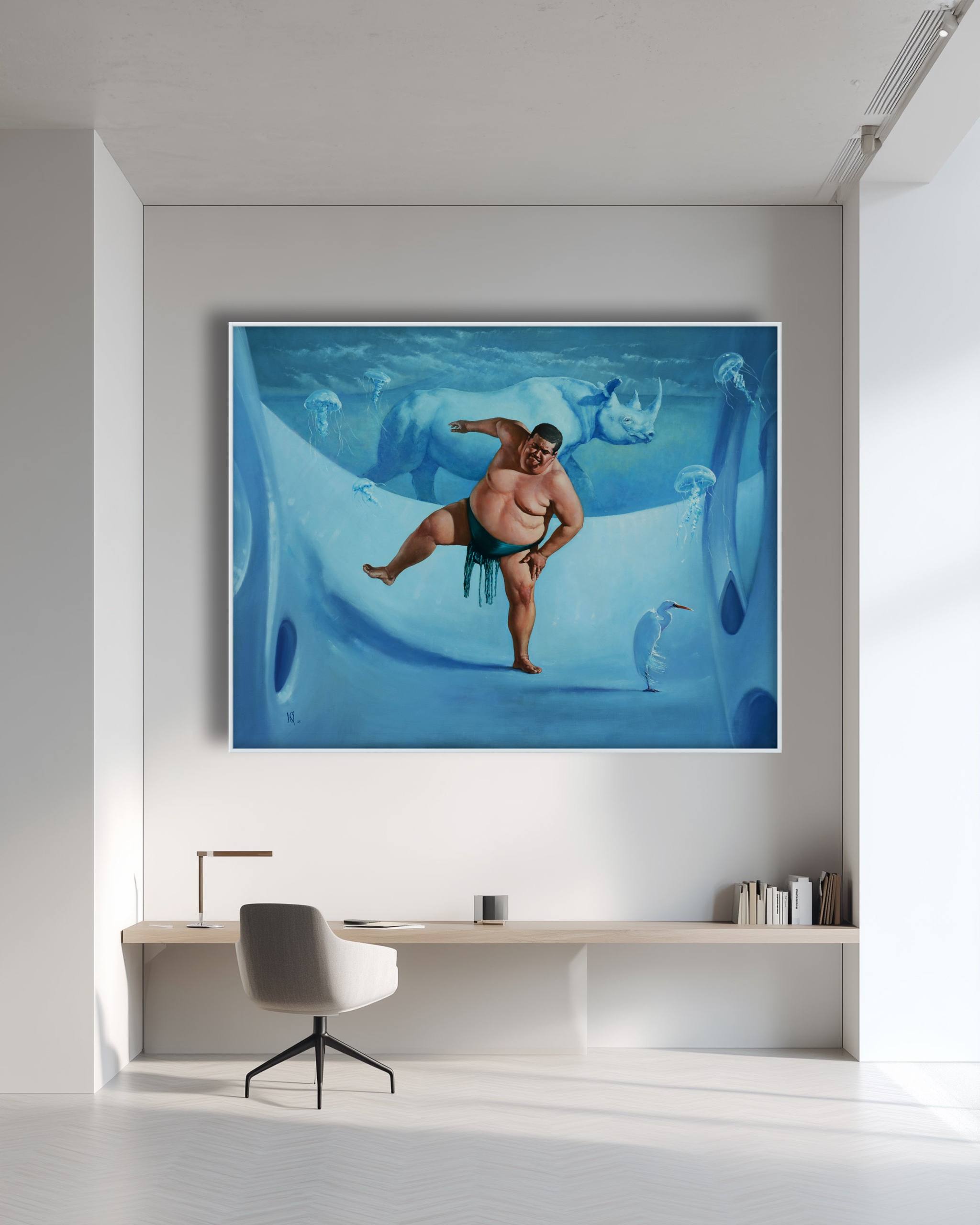 Modern interior with a large abstract painting of a man in a bathtub on a wall above a desk.